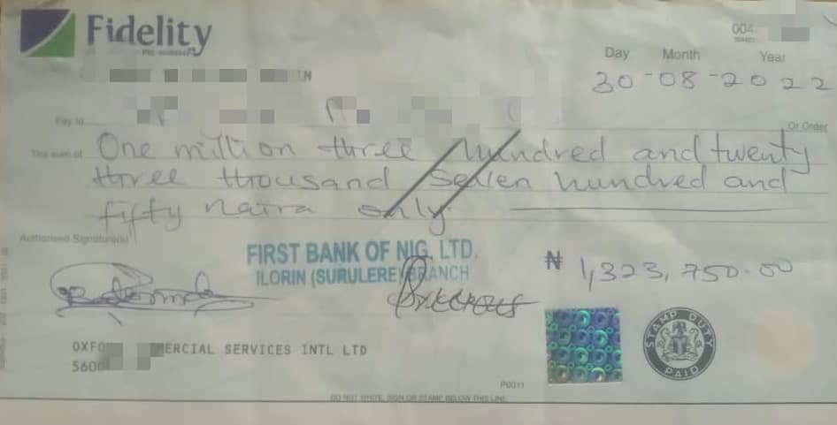 The post-dated cheque issued by Oxford International Group