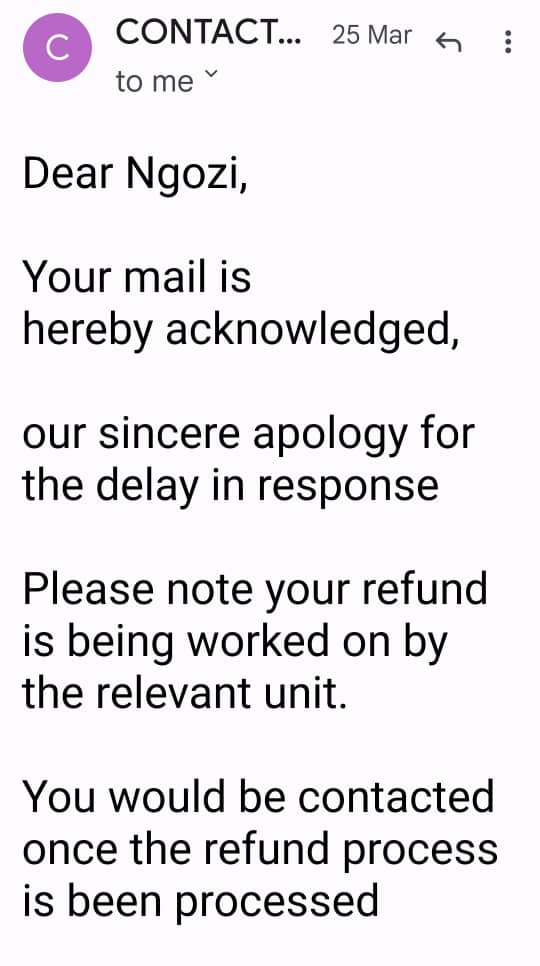 Email from Dana Air assuring customer of a refund