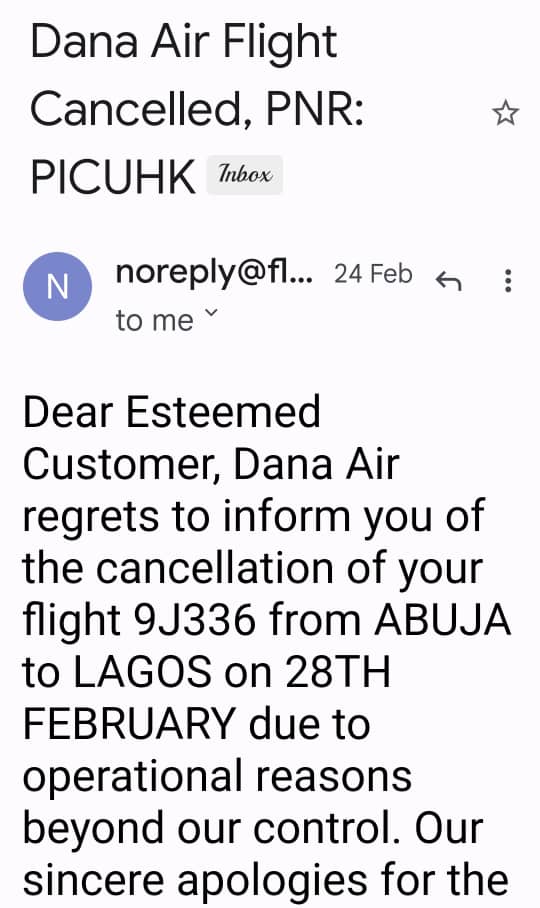 Email from Dana Air notifying Ngozi of flight cancellation