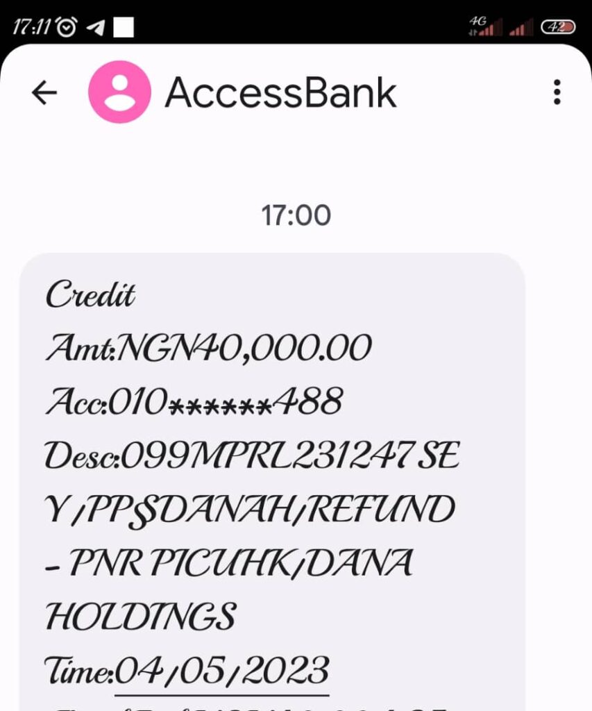 SMS alert showing refund from Dana Air