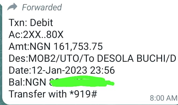 The Debit Alerts Received by Emakpo on his UBA account.