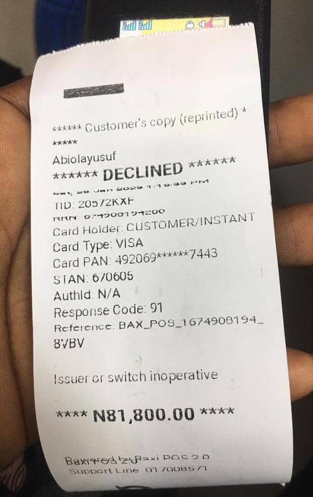 The PoS receipt of Omotayo's declined transaction.