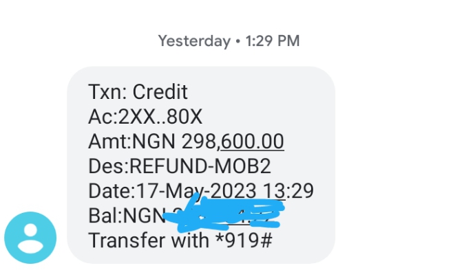 The credit alert the Engineer received from UBA