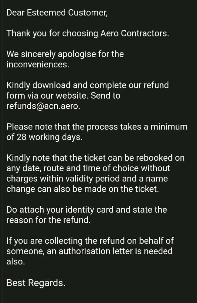 Email from Aero contractors requesting the submission of Ticket refund form