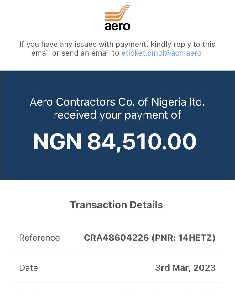 The payment receipt to Aero Contractor