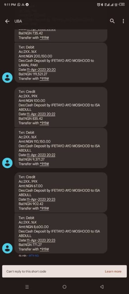 Screenshot of the unathorised debits on Moshood's account 