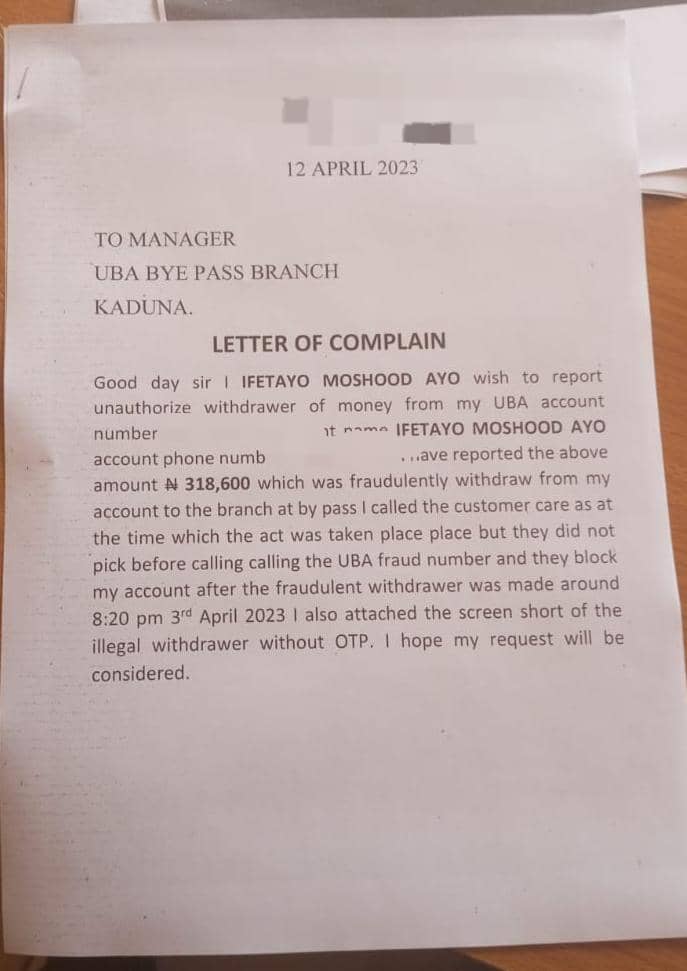 Moshood's letter of complaint to UBA