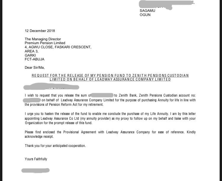 A letter showing Ade's father approval of Leadway as his annuity provider