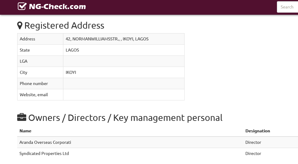 Screenshot showing address of Aranda Resources