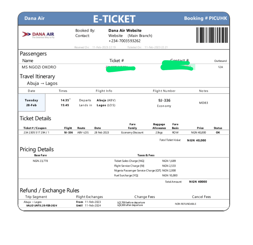 Dana Airline's flight ticket.