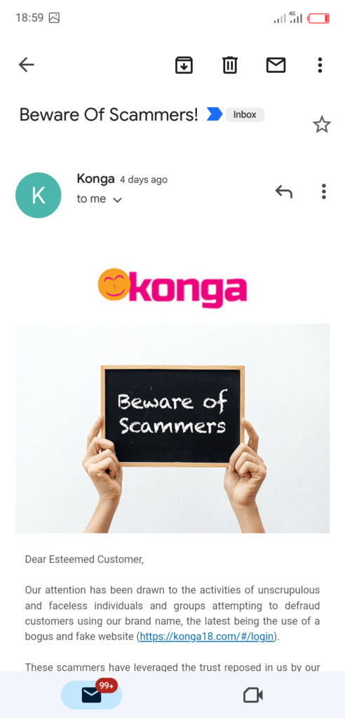 Email from Konga dissociating itself from the new website.