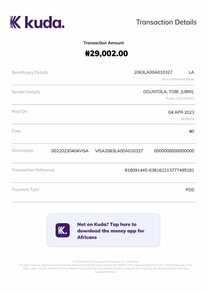 The debit from Kuda Bank 