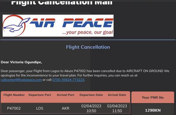 notice of flight cancellation from Air Peace