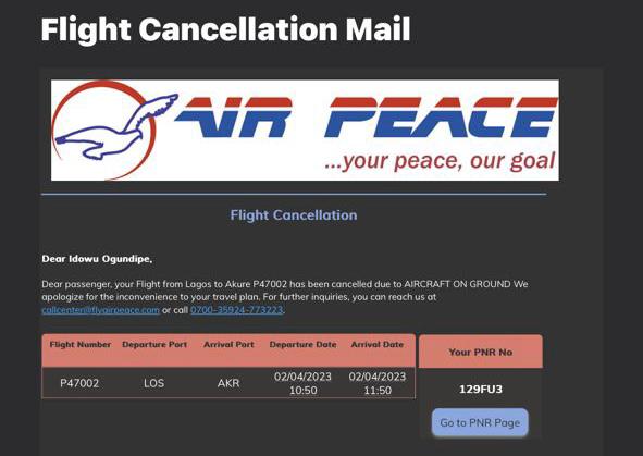 notice of flight cancellation from Air Peace