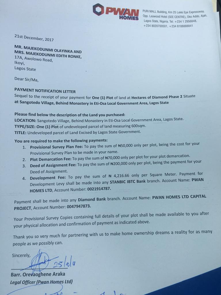 Payment notification letter from Pwan homes