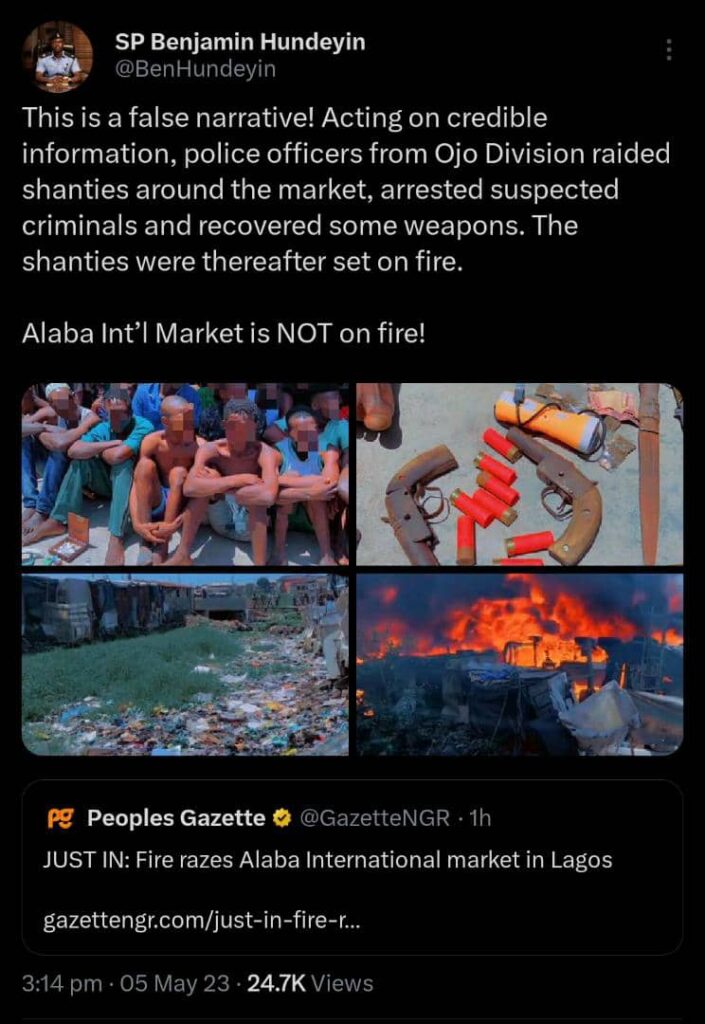 Police Spokesperson's tweet about Alaba market fire outbreak