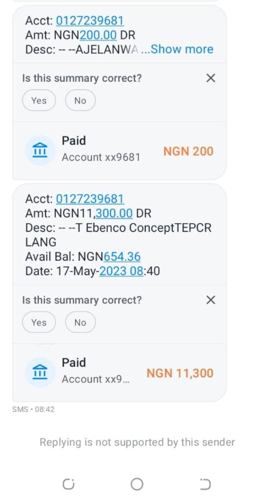 Debit alerts received by GT Bank customer after ATM swallowed his card.