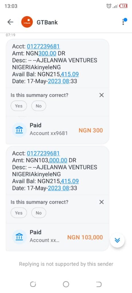 Debit alerts received by GT Bank customer after ATM swallowed his card. 