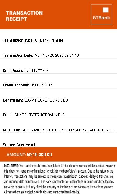 Transaction receipt showing payment to Exam Planet Services