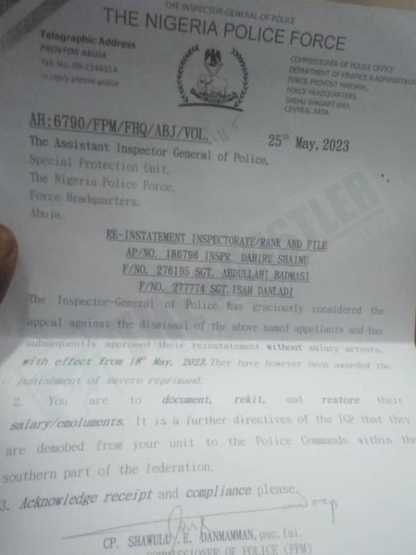 IGP's letter ordering the reinstatement of the dismissed police officers.
