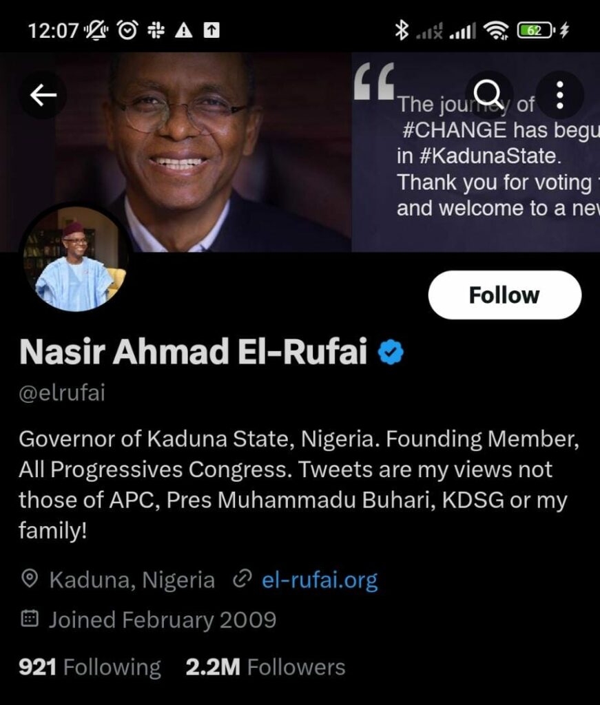 Twitter page of Nasir el-Rufai, former Kaduna State Governor