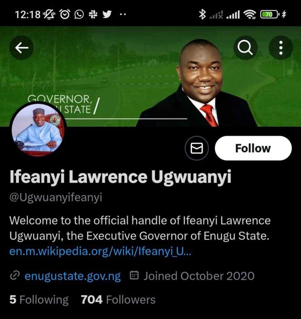 Twitter page of Ifeanyi Ugwuanyi, former Enugu State Governor