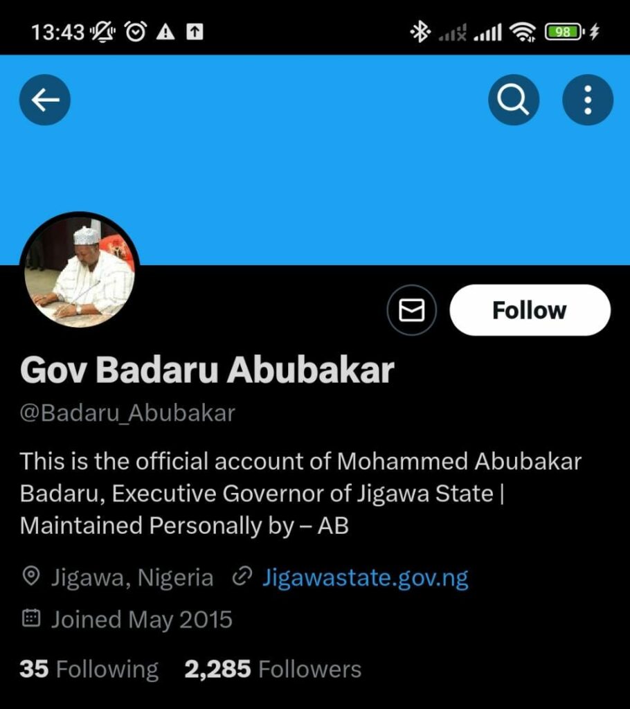 
Twitter page of Abubakar Badaru, former Jigawa State Governor