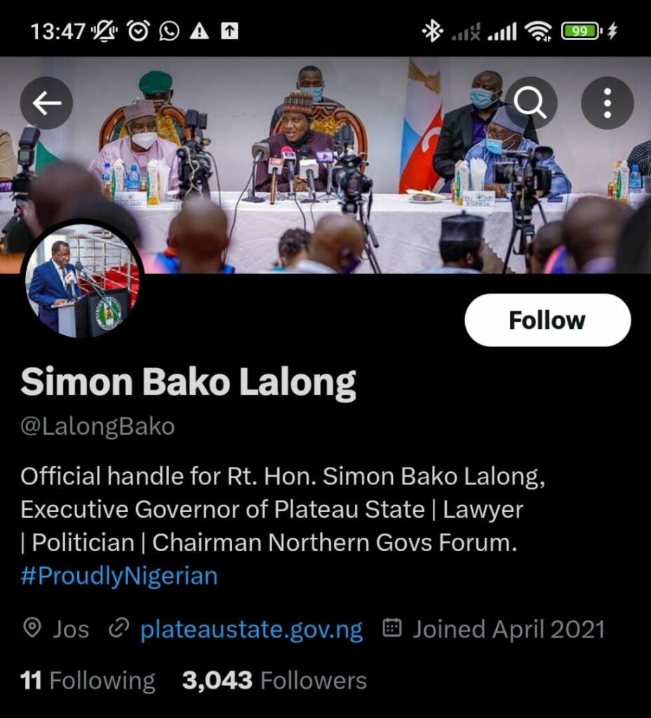 Twitter page of Simon Lalong, former Plateau State Governor
