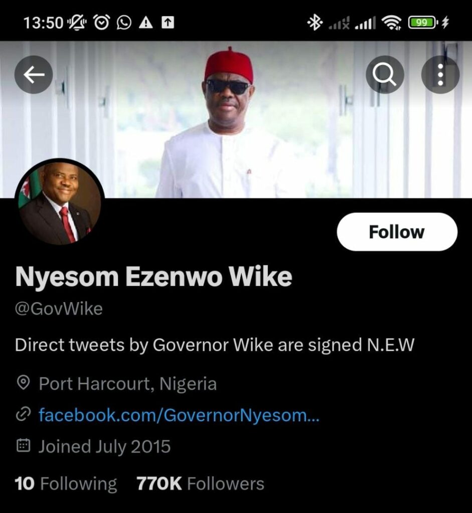 Twitter page of Nyesom Wike, former Rivers State Governor