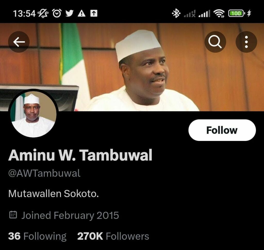 Twitter page of Aminu Tambuwal, former Sokoto State Governor.