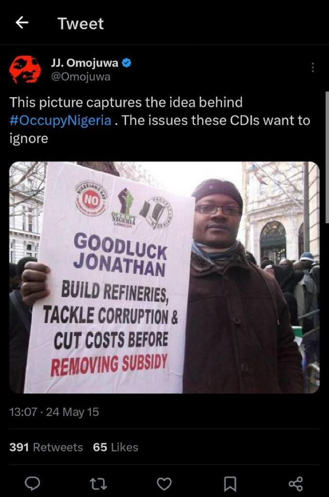Japhet Omojuwa's tweet with Occupy Nigeria hashtag