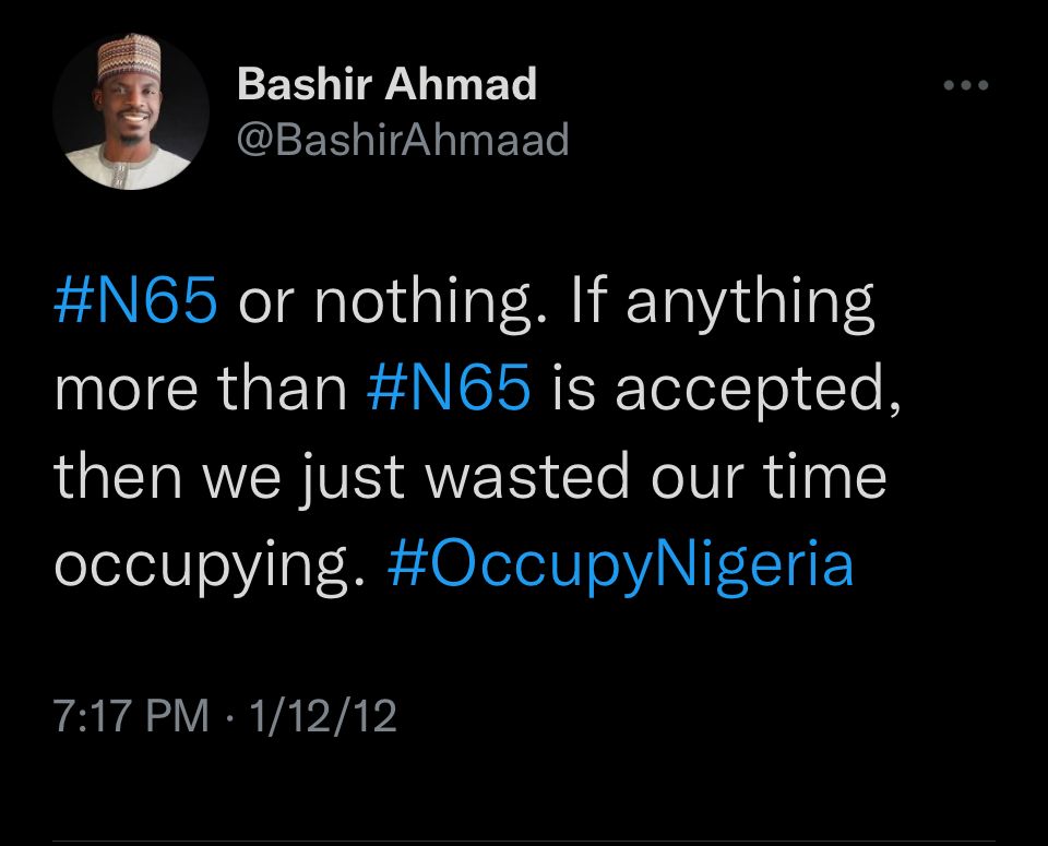 Bashir Ahmed's tweet with Occupy Nigeria hashtag