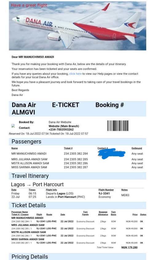 E-Ticket from Dana Air