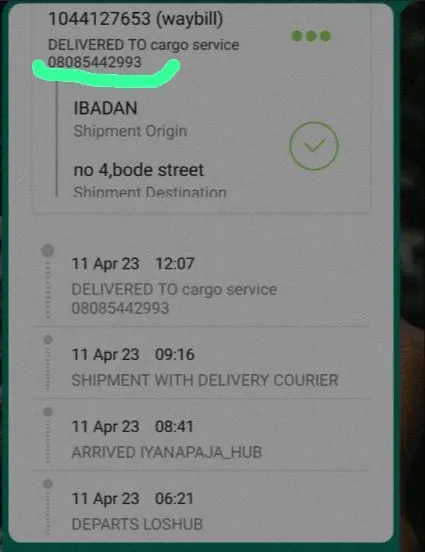 GIG's tracking app showing Akanke's parcel had been delivered.
