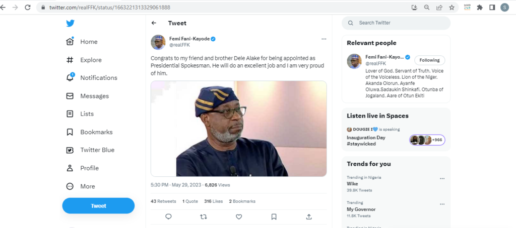 Fani-Kayode's tweet announcing Alake as new spokesperson