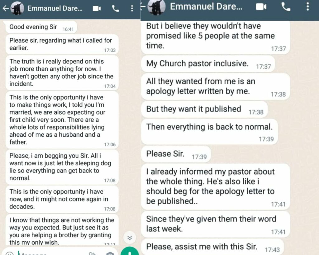 Screenshots of Emmanuel Dare's messages to FIJ