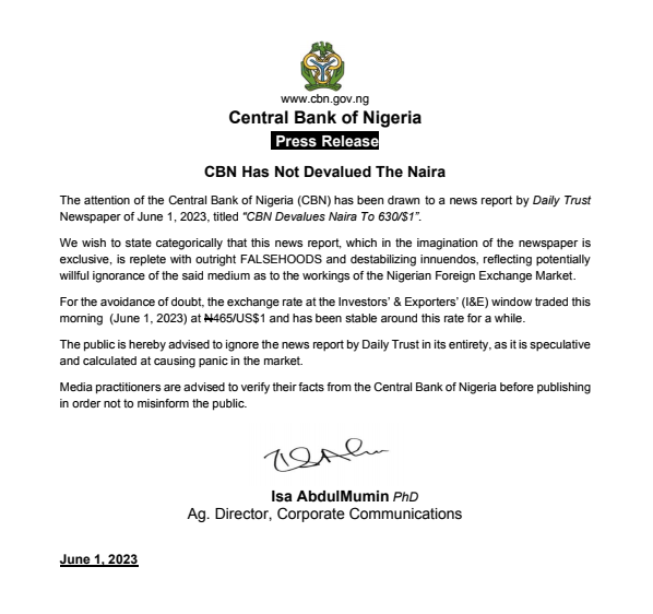 CBN's statement debunking naira devaluation
