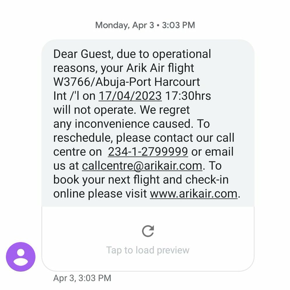SMS from Arik Air informing customer of flight cancellation