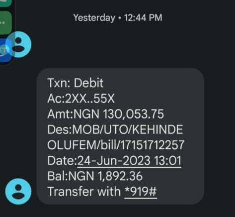 Screenshots of the unauthorised debit on Adegoke's UBA account