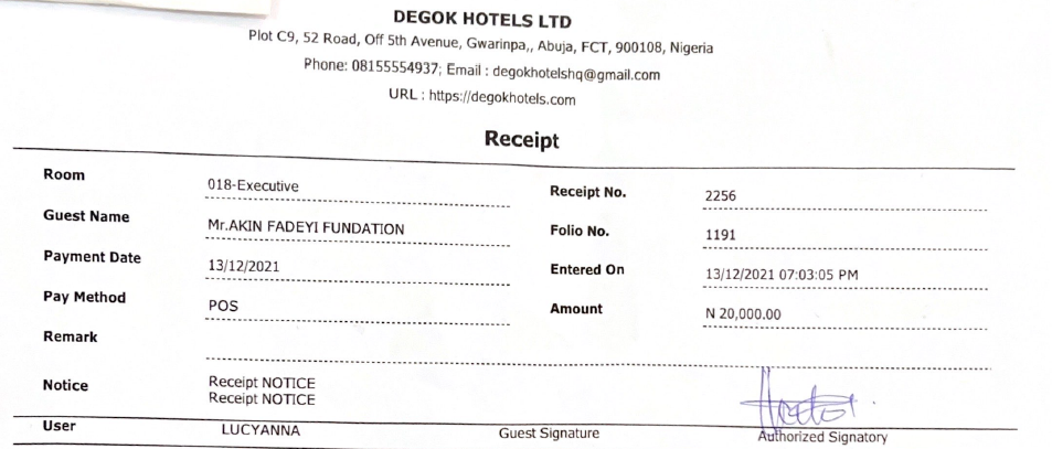 
A scanned copy of the hotel receipt