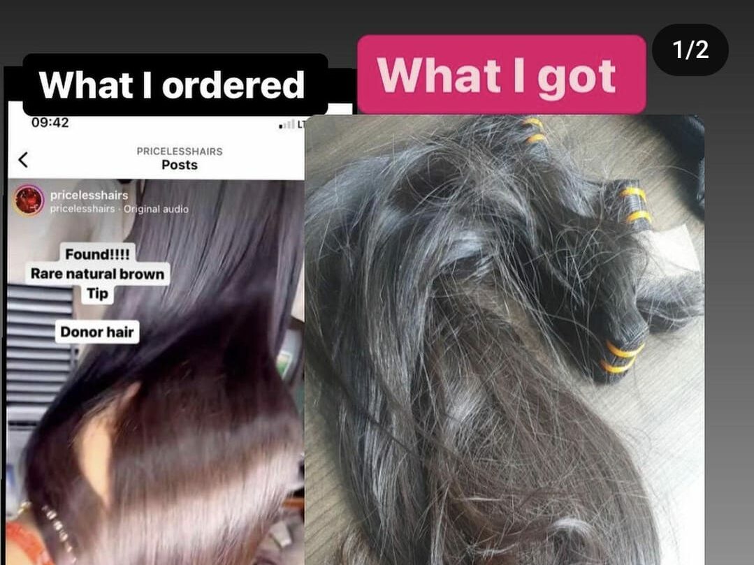 What Chichi ordered from Priceless Hairs America vs what was delivered to her.