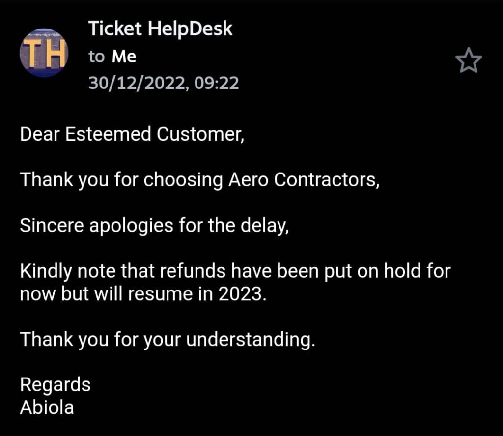 Notification of delayed refunds from Aero Contractors HelpDesk