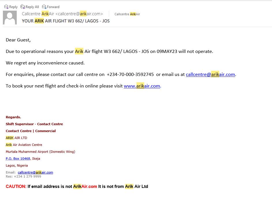 The cancellation email from Arik Air