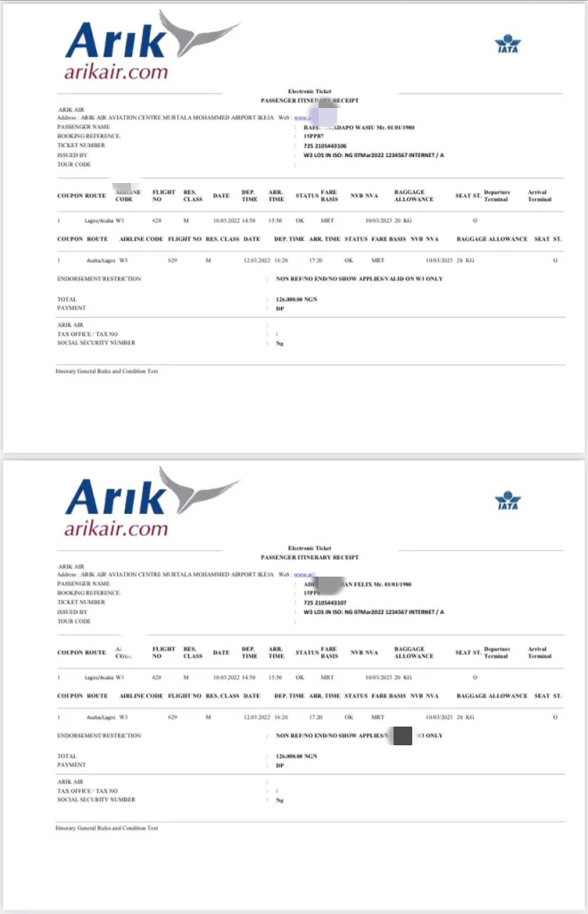 Samuel's return ticket from Arik Air.