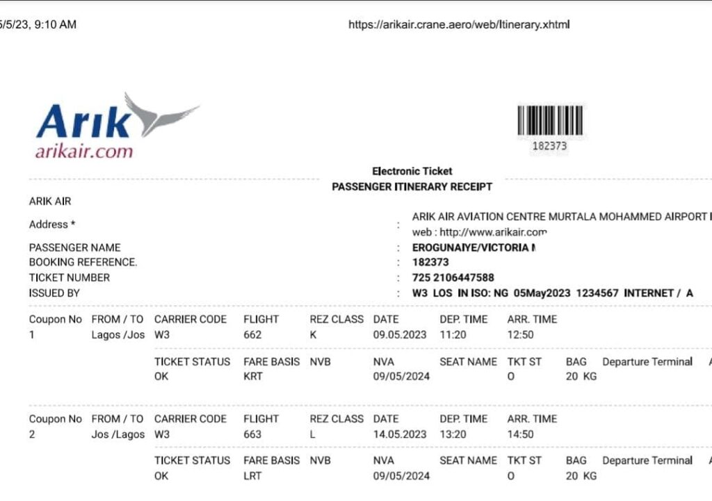 The flight ticket from Arik AIr