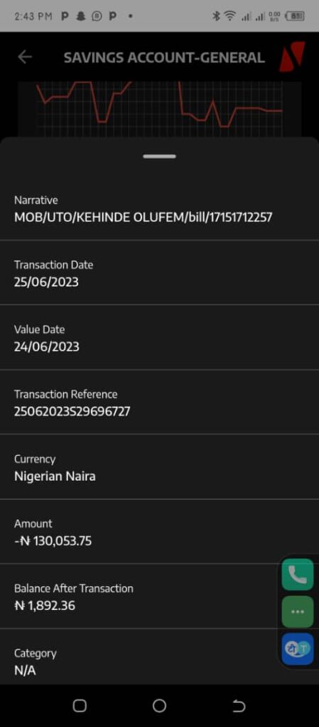 Screenshots of the unauthorised debit on Adegoke's UBA account