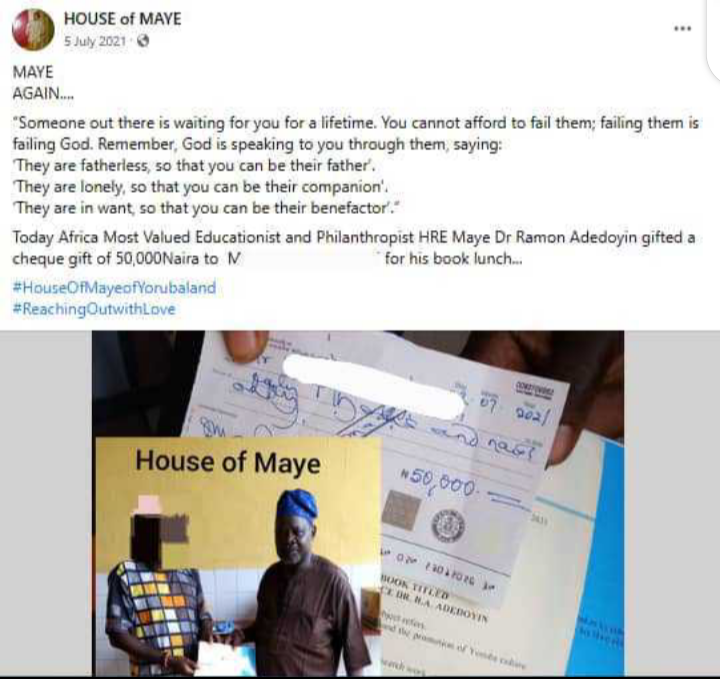Facebook posts announcing donation made by House of Maye