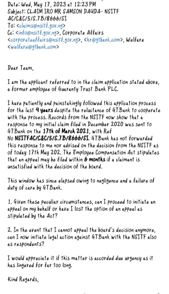 Dauda's follow-up email to GTBank and NSITF