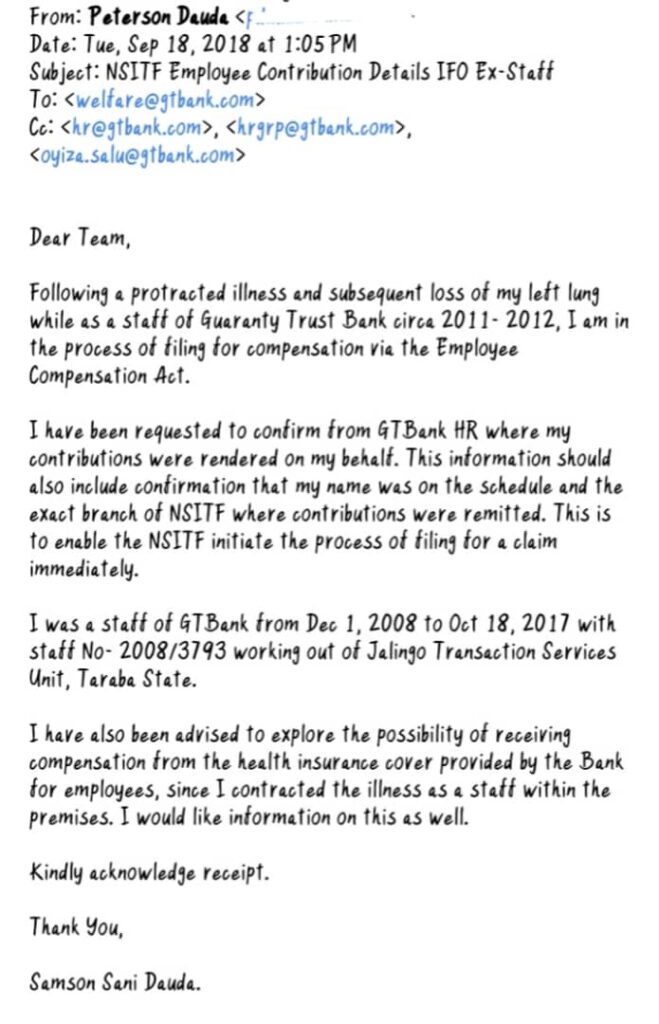 Dauda's email to GTBank after his resignation