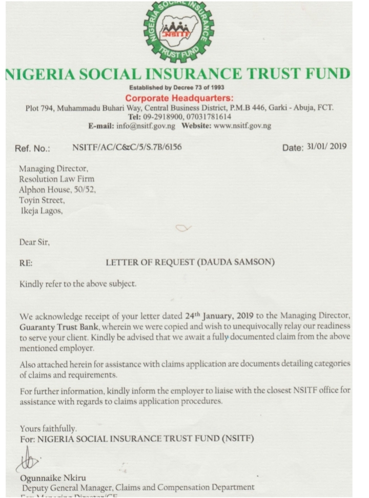 NSITF's response to a letter written by Dauda's lawyer